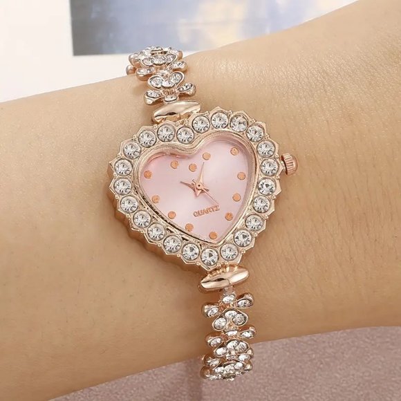 6pcs/set Women's Watch Rhinestone Heart Pointer Quartz Watch Cute Bracelet - Picture 2 of 5